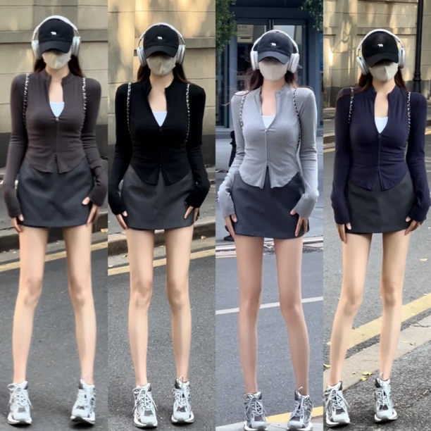 【红人上新】秋款百搭辣妹双拉链立领坑条针织开衫修身显瘦短款掐腰