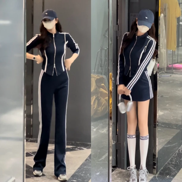 春秋立领修身气质显瘦长袖拼接条纹休闲时尚百搭套装辣妹运动高腰