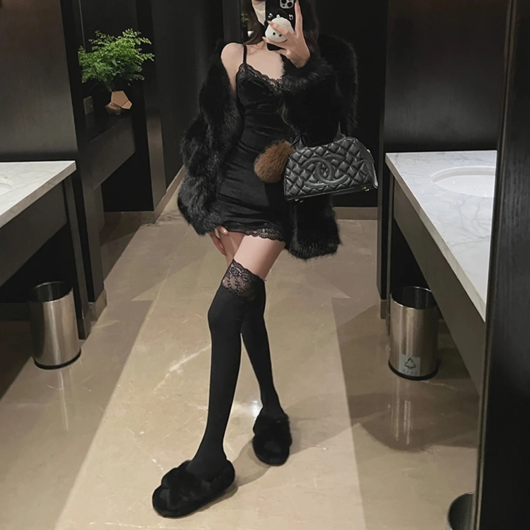 (美琳)蕾丝拼接百搭过膝靴袜高筒纯欲条纹网红时尚秋冬气质显瘦