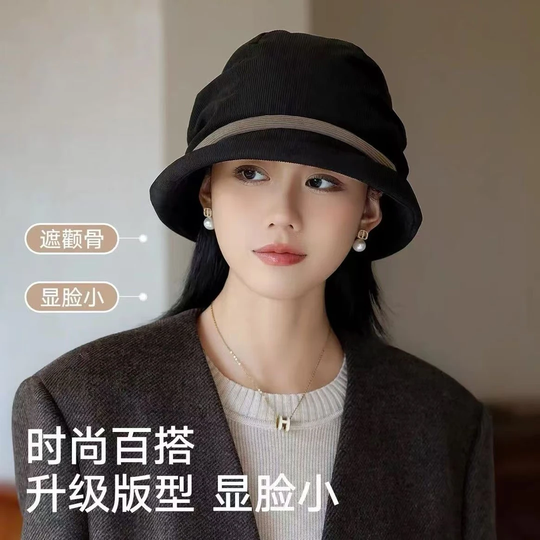 秋冬加绒灯芯绒渔夫帽子女休闲褶皱堆堆帽盆帽显脸小百搭时尚