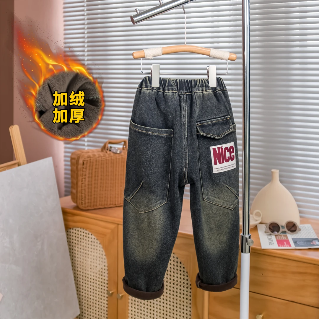 儿童裤子男童2023新款爆款牛仔裤时尚NICE图标加绒牛仔长裤N8117