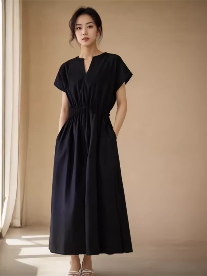 法式夏季新款通勤气质显瘦V领收腰连衣裙子女士气质显瘦过膝长裙