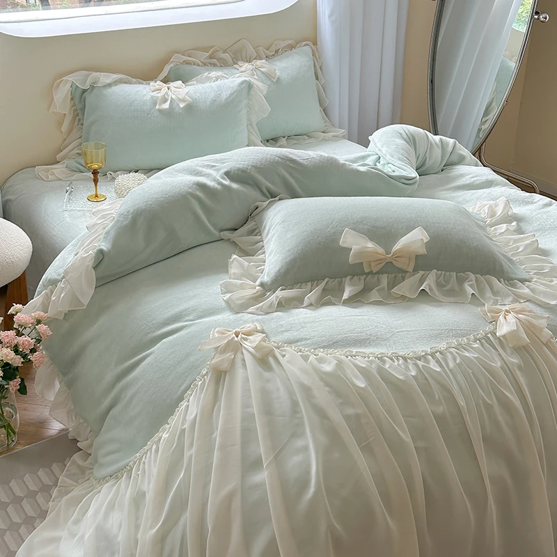 公主风牛奶绒床上四件套冬季加厚少女心蝴蝶结被套双面珊瑚绒床单