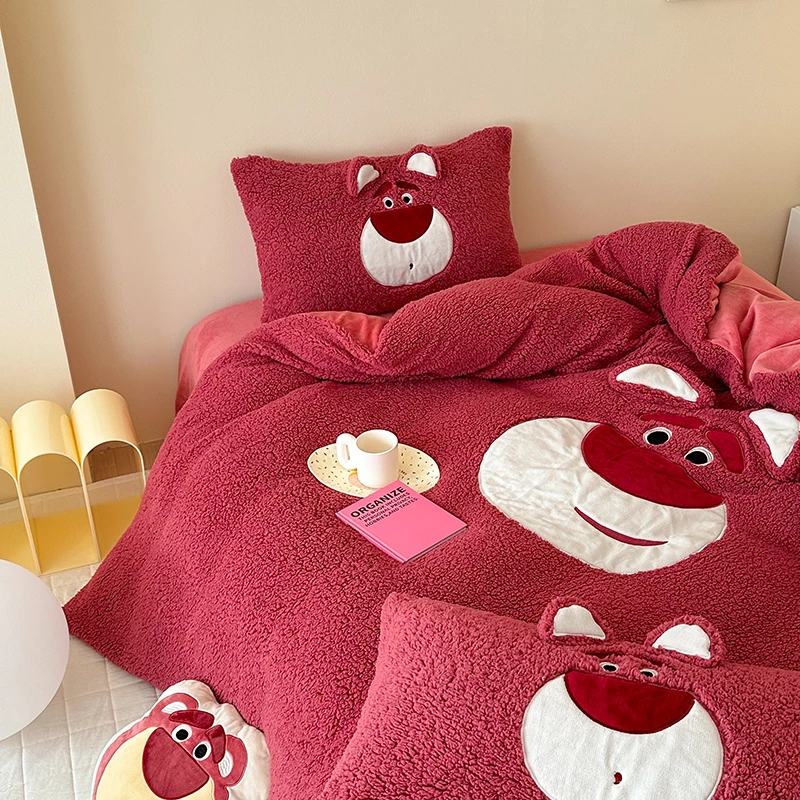 迪士尼冬款四件套高端牛奶绒羊羔绒加厚加绒被套床单人床上三件套