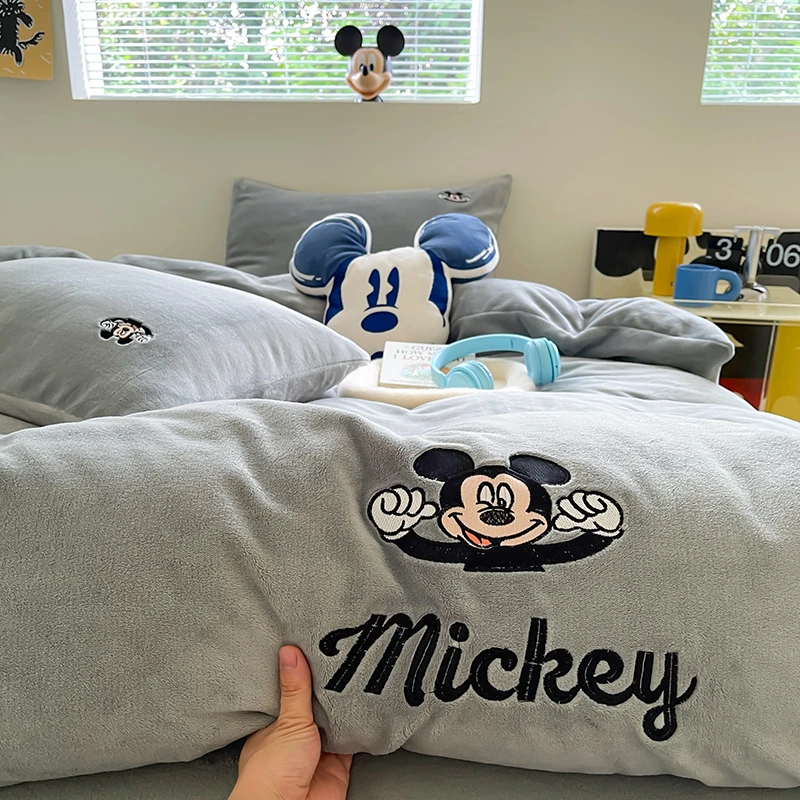 迪士尼米奇牛奶绒四件套冬款加厚珊瑚绒法兰绒床单被套儿童床品男