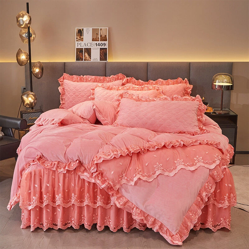 欧式牛奶水晶绒床裙式四件套冬珊瑚绒法兰莱绒加厚床罩双面绒被套