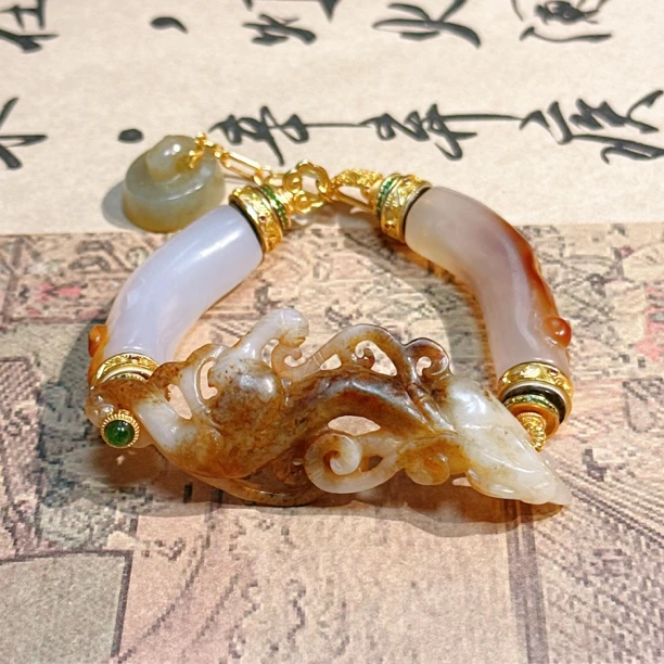 国风原创和田玉凤鸟潮酷时尚简约设计款手链/手牌【天玺珠宝】