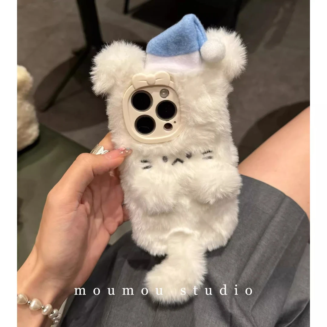 毛绒睡帽小猫咪适用苹果16promax手机壳iphone15可爱14女13保护套