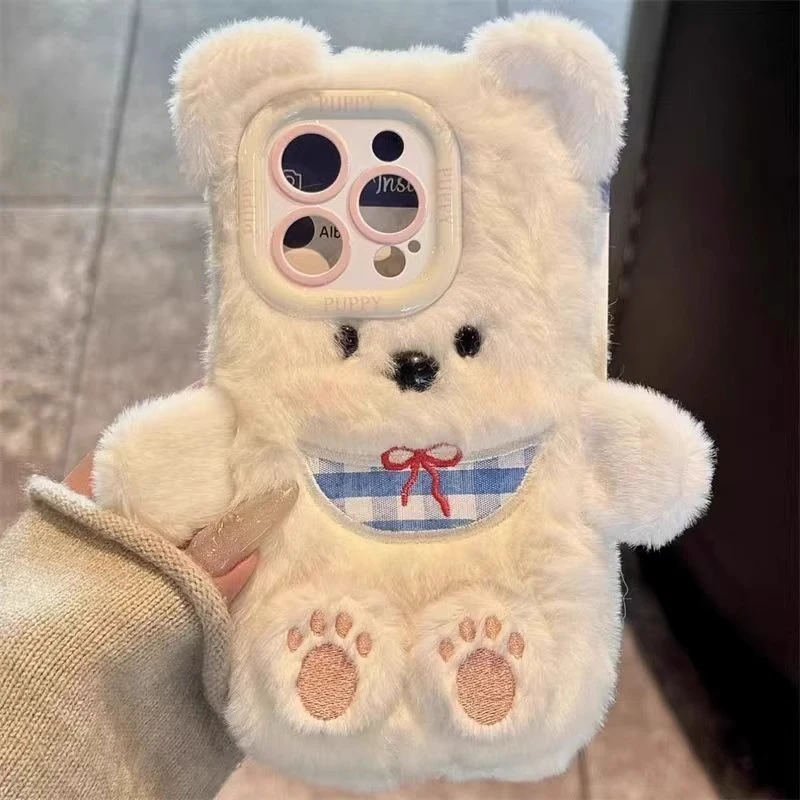 可爱卡通精孔秋冬毛绒小熊适用iPhone15promax手机壳13/14小众16