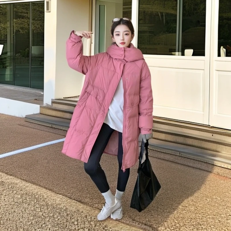 2024年冬季长款羽绒服女韩版蓬松白鸭绒加厚休闲连帽宽松外套时尚