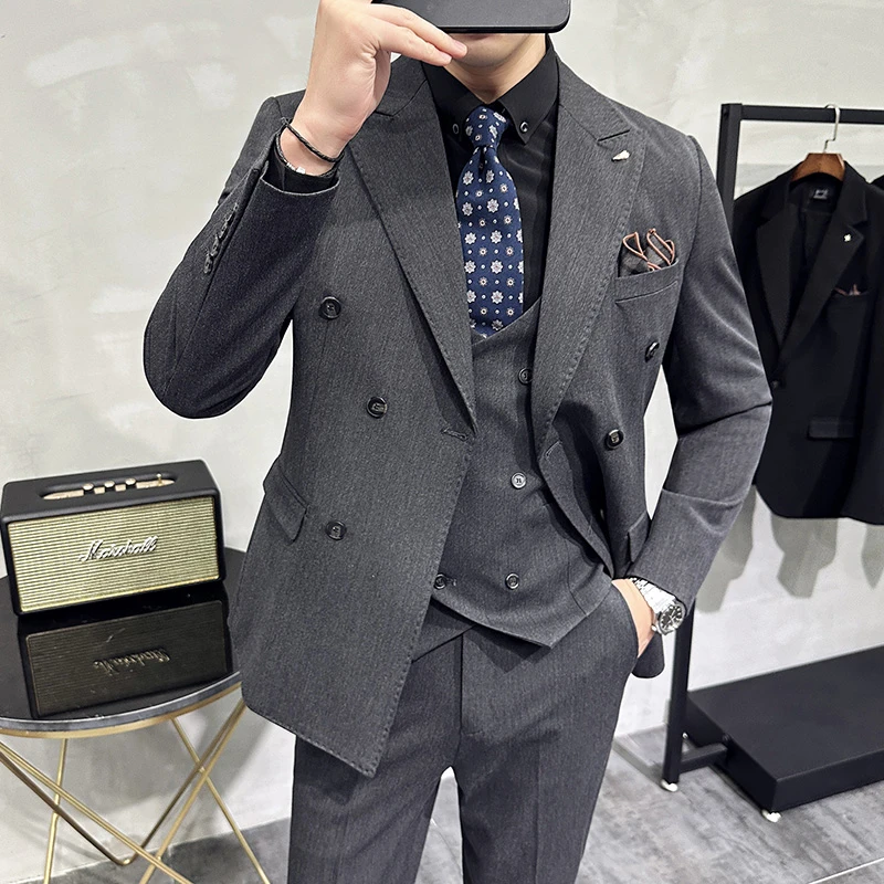 高级感大码西服套装男韩版英伦双排扣修身西装男士三件套新郎礼服