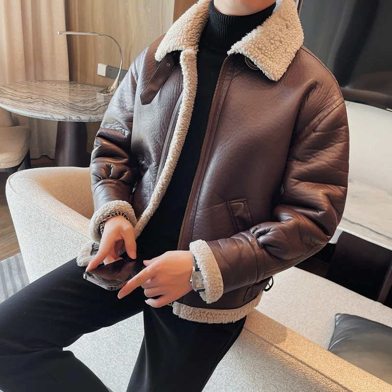 加绒皮衣男潮流冬季加厚翻领皮毛一体保暖外套高级感男士棉衣夹克