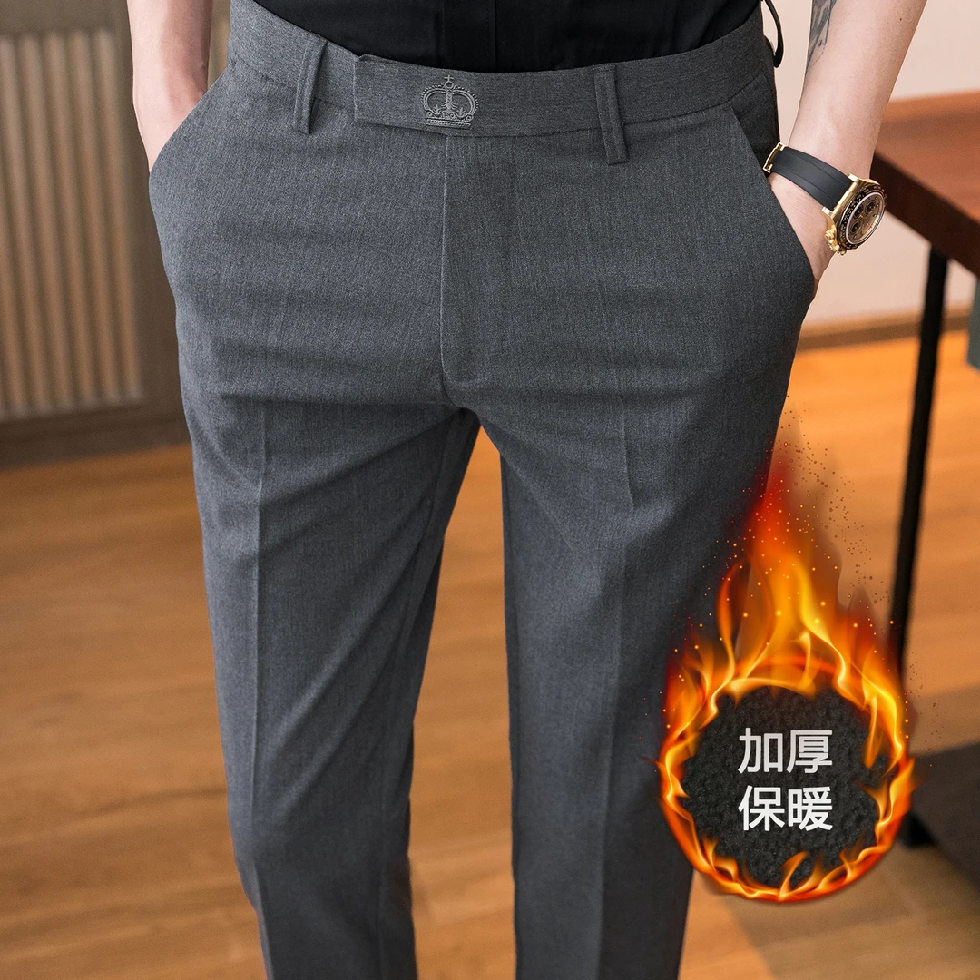 高品质男士加绒西裤商务韩版上班休闲长裤高级感刺绣保暖西装裤子