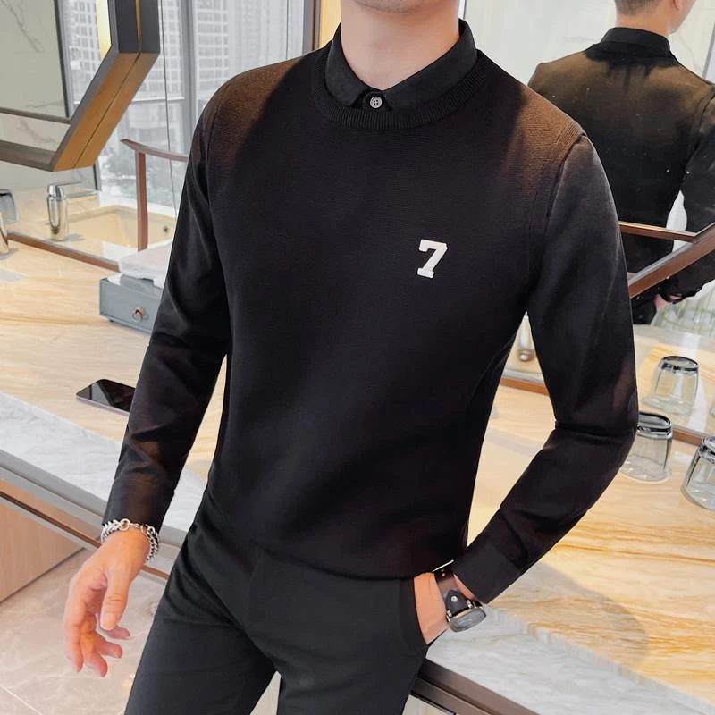 假两件男士毛衣秋冬款高级感帅气衬衫领修身针织衫保暖上衣打底衫