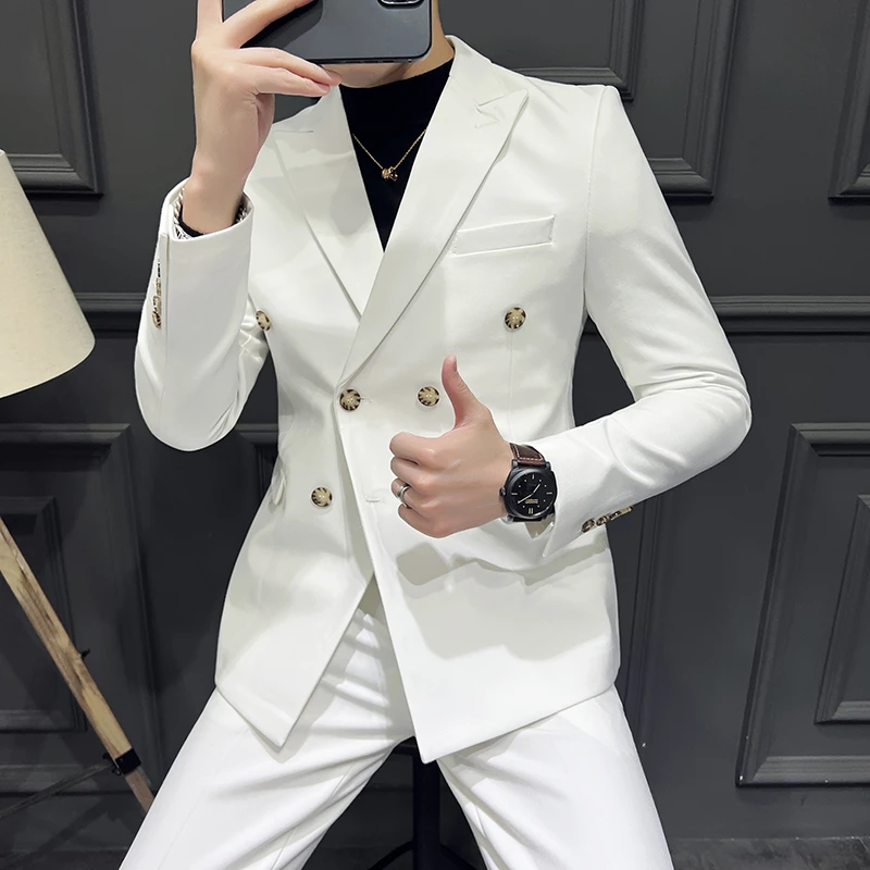 白色高档双排扣西服套装男韩版修身新郎结婚礼服帅气商务男士西装