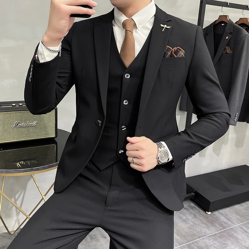 大码高端西服套装男士三件套韩版修身商务痞帅新郎结婚小西装礼服