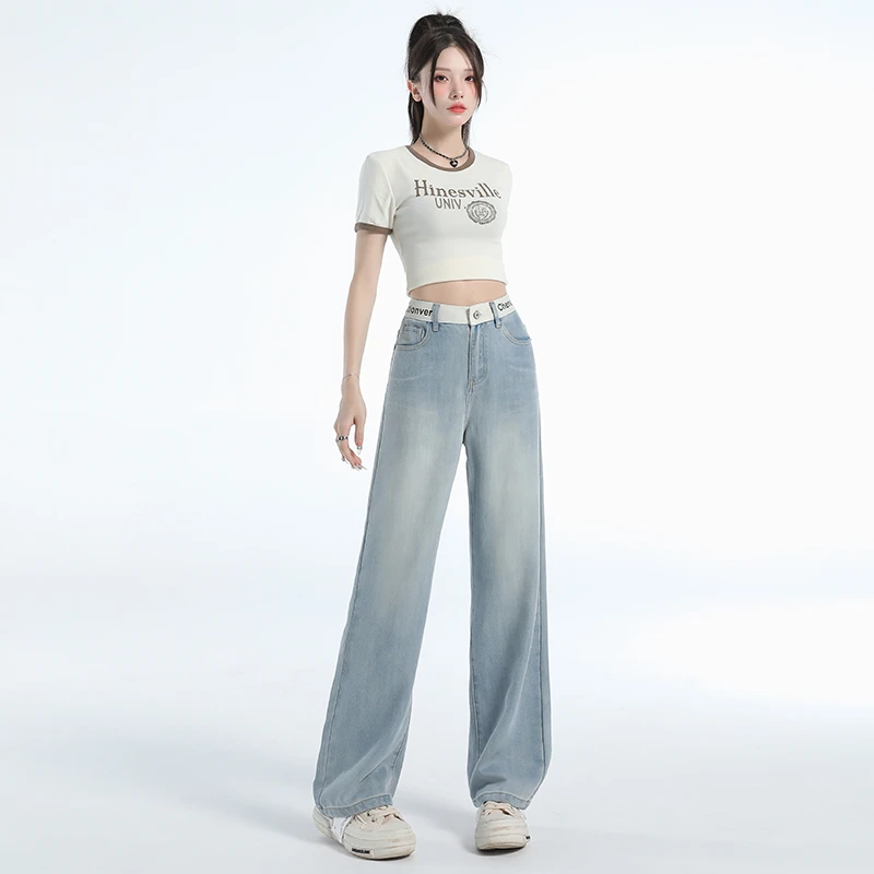 浅蓝色天丝牛仔裤女2025春秋薄款拼接高腰宽松冰丝窄版垂感阔腿裤