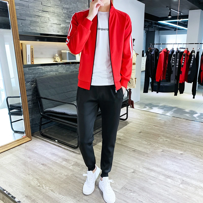 秋季新品经典三条杠运动套装男女休闲运动服针织立领开衫卫衣卫裤