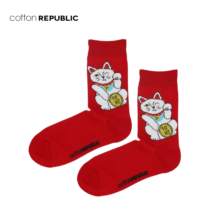 红品招财猫女士中筒袜