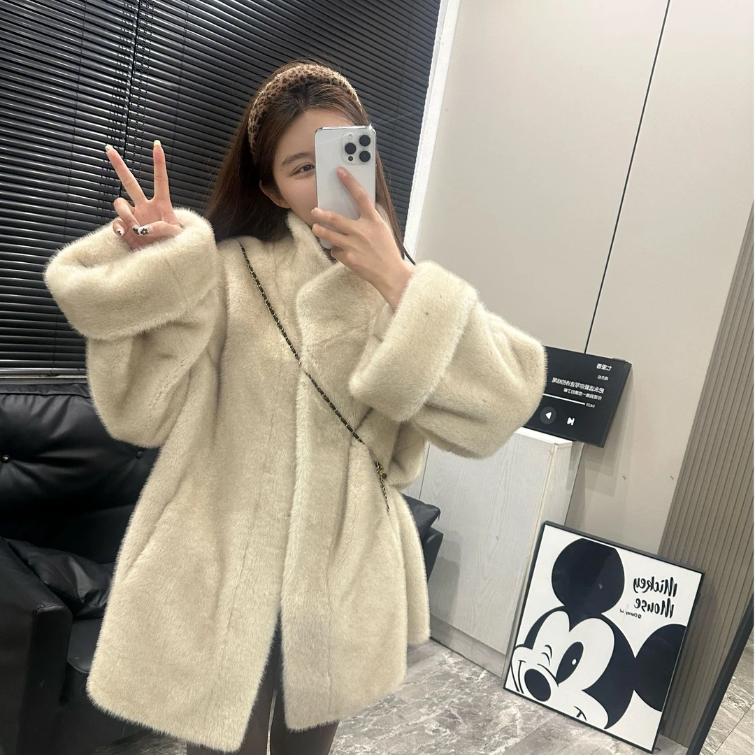 [ SHIYUE ] 2024秋冬新款韩版时尚中长款立领挽袖双色毛毛外套