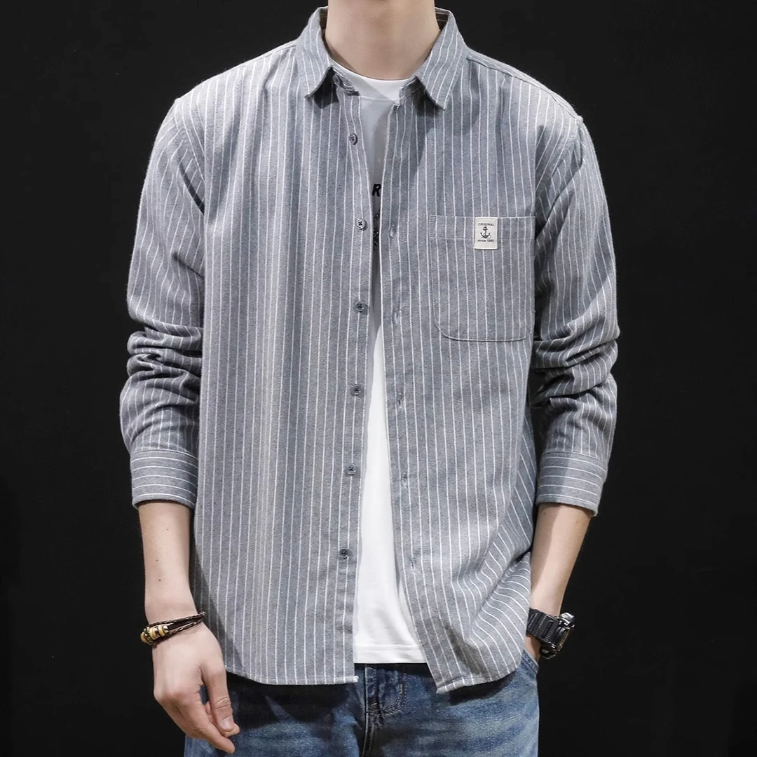 竖条纹春秋宽松衬衣外套秋季2025新款寸衫ins潮牌长袖休闲衬衫男
