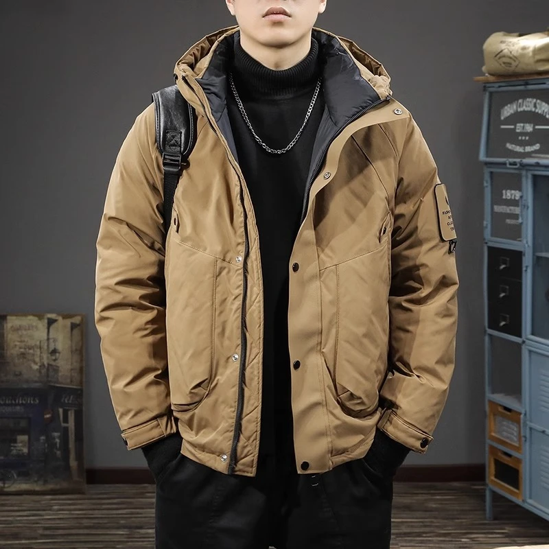 2025冬季新款鸭绒连帽羽绒服男户外冲锋滑雪服加厚工装外套棉衣潮