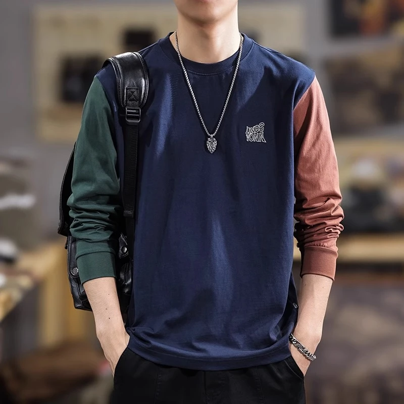 秋季新款纯棉刺绣休闲男士长袖t恤美式潮牌撞色拼接圆领百搭卫衣T