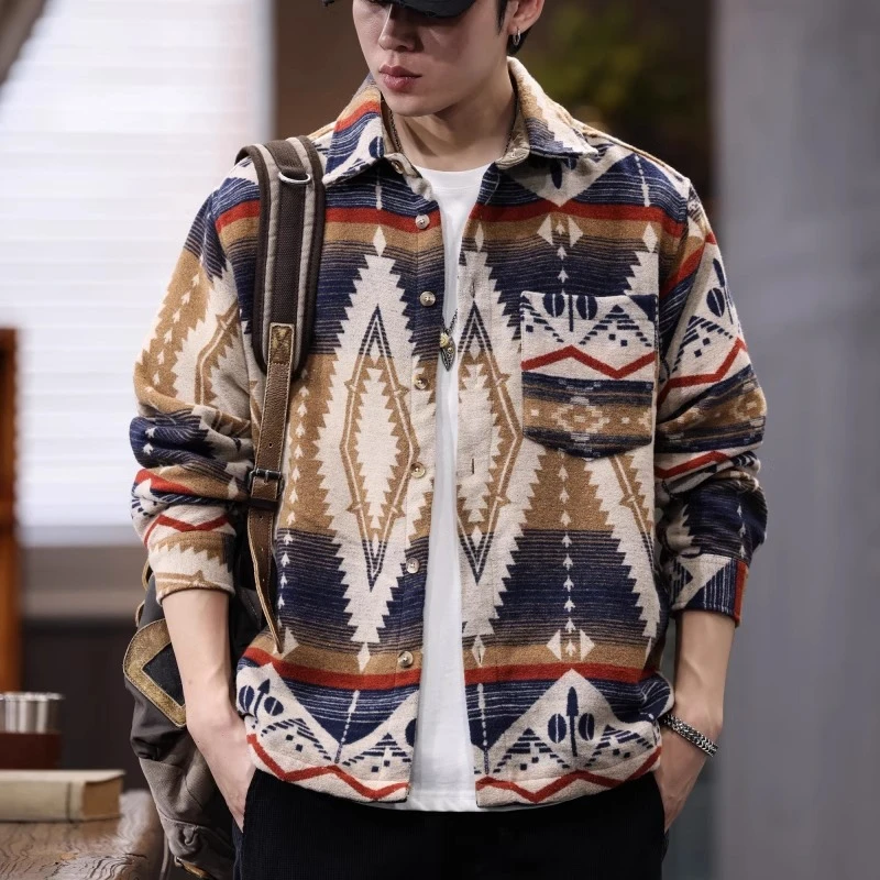 美式印第安风复古做旧加厚宽松长袖衬衣男秋季新款民族风休闲衬衫