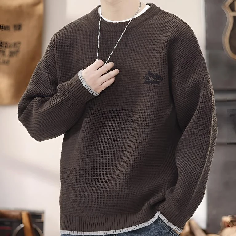 时尚咖色毛衣男款宽松长袖圆领卫衣男打底衫秋冬季假两件外套上衣