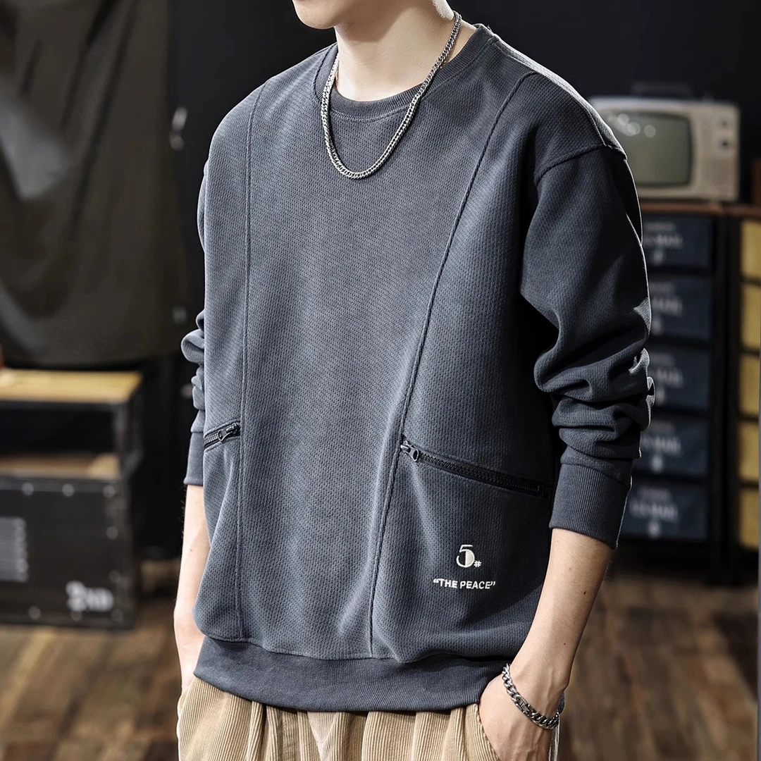 设计感条绒加绒圆领卫衣男秋冬款2025新款大码加厚上衣外套冬款潮