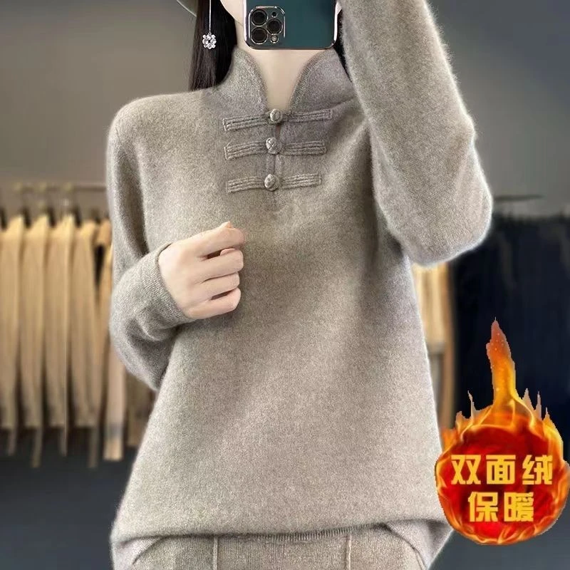 品牌折扣中国风旗袍复古盘扣德绒加厚女2023秋冬新款半高领宽松女