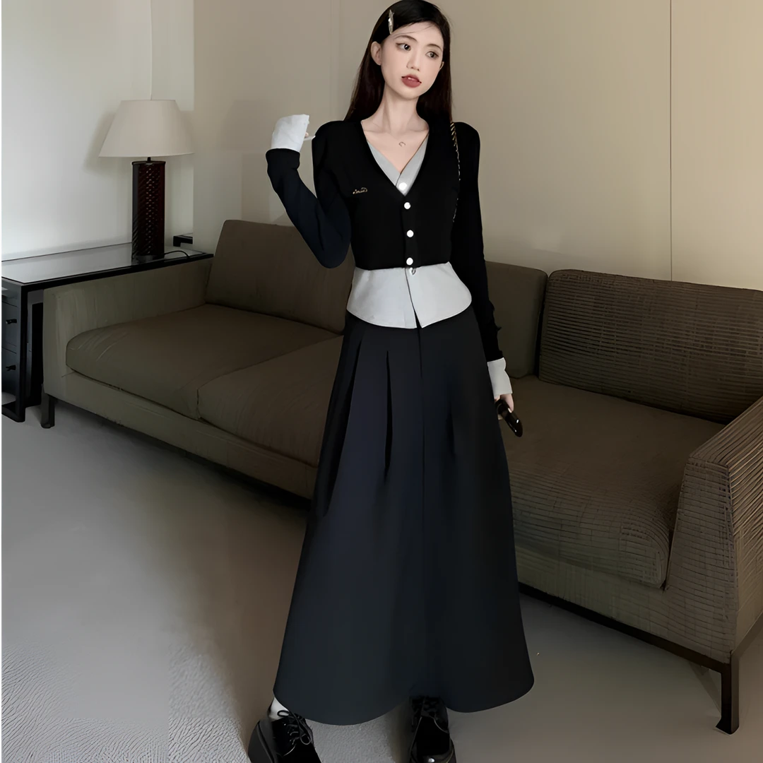韩国小镇~假两件V领气质长袖开衫高腰半身长裙女秋季新款时尚套装