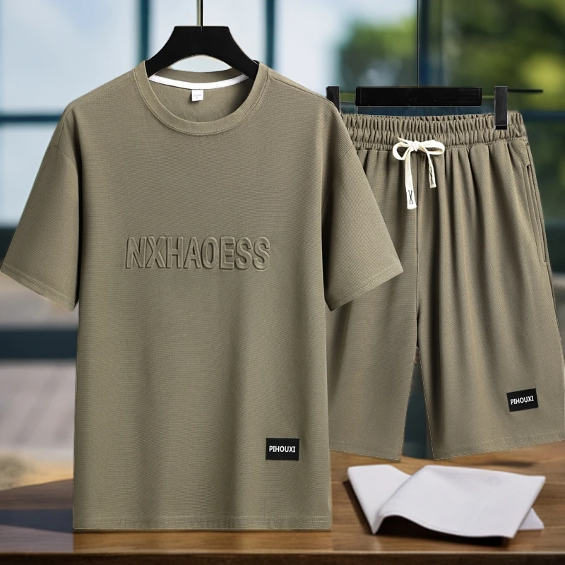 夏季套装男薄款圆领短袖t恤衫宽松休闲纯色简约短袖短裤两件套潮