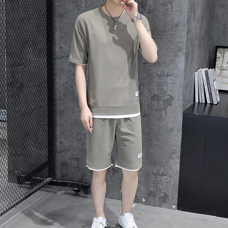 夏季休闲圆领华夫格短袖运动宽松时尚男士t恤青年帅气百搭夏天潮