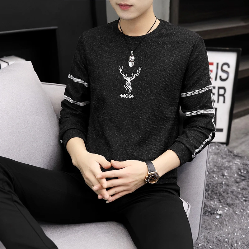 春秋季新款男士长袖T恤针织薄款打底衫韩版修身百搭圆领套头卫衣