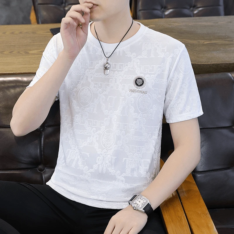 高级感提花冰丝短袖T恤男士夏季薄款速干2024新款潮流圆领体恤男