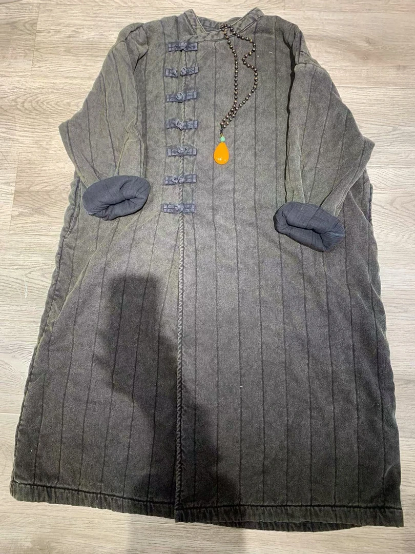 竖条亚麻盘扣开衫袍