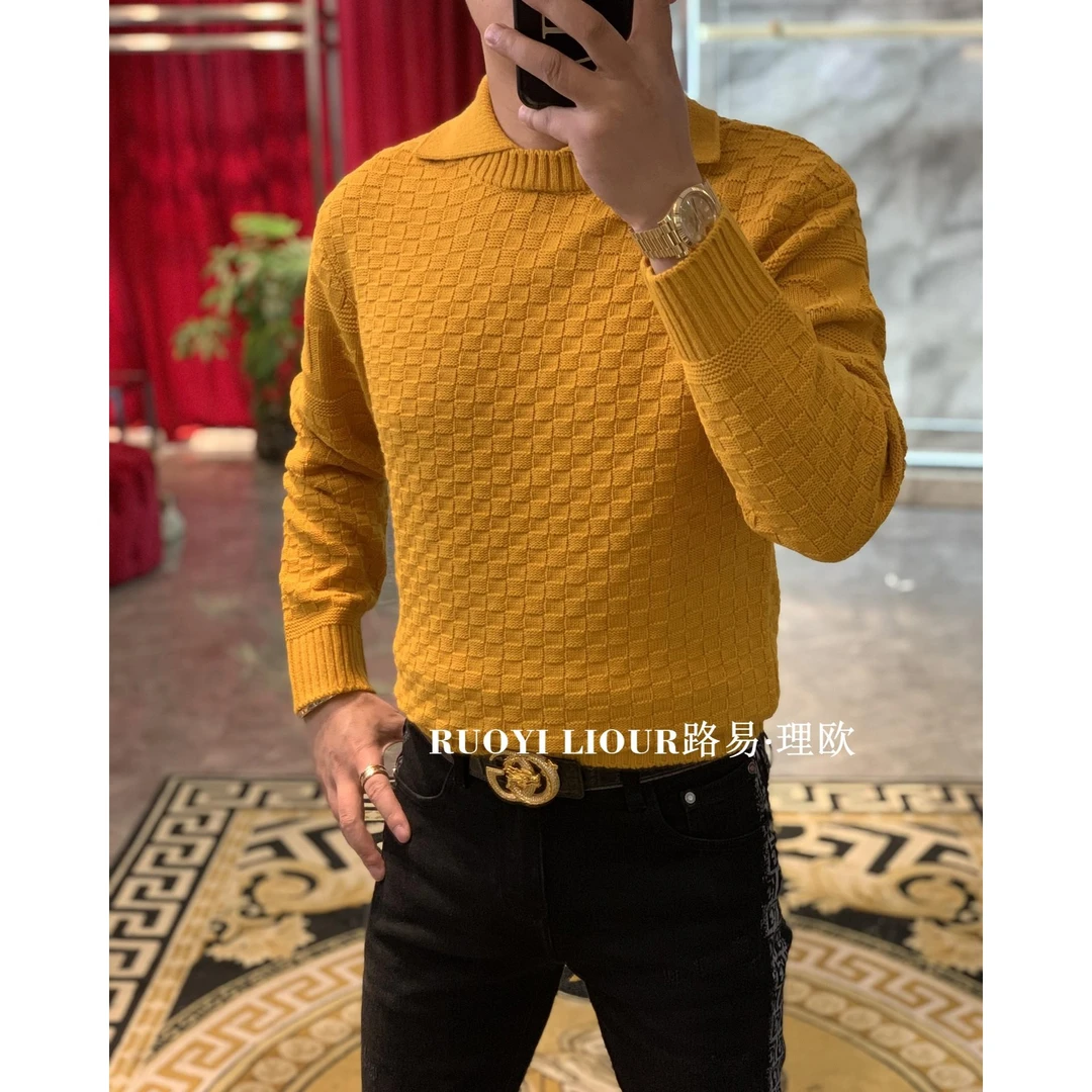 【路易理欧】2023欧货时尚休闲轻奢重工印花衬衫领男士针织衫01070