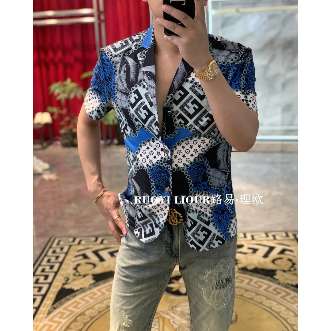【路易理欧】2024欧货时尚潮流设计师印花涂鸦男士短袖便西01434