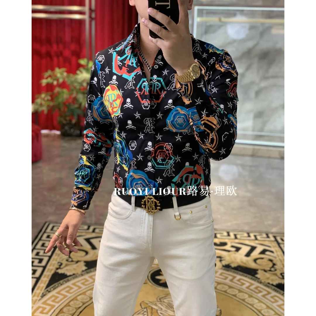 【路易理欧】2024欧货时尚轻奢修身百搭气质双枪骷髅长袖衬衫00710