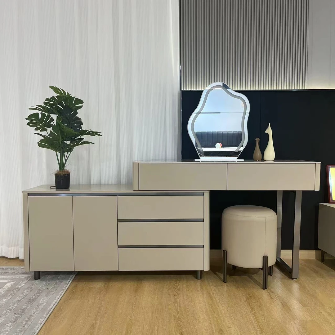 现代卧室梳妆台电视柜一体收纳柜实木网红极简岩板伸缩化妆桌意式