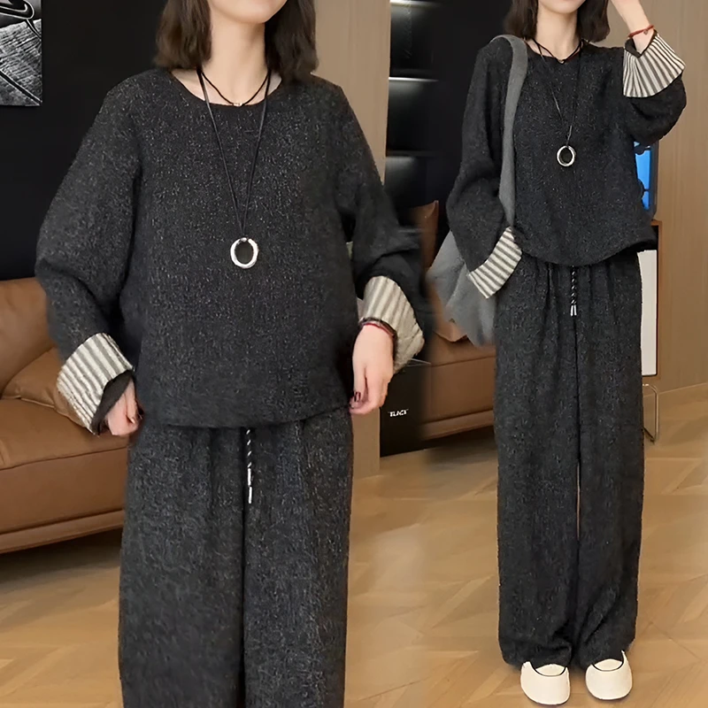 早春日常新中式流行套装女小香风圆领上衣休闲条纹阔腿裤两件套女