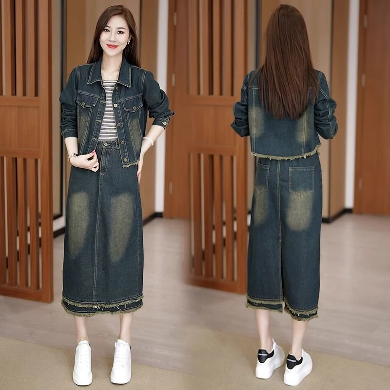 2024春秋新款欧货牛仔套装女设计感时尚炸街减龄毛边半身裙两件套