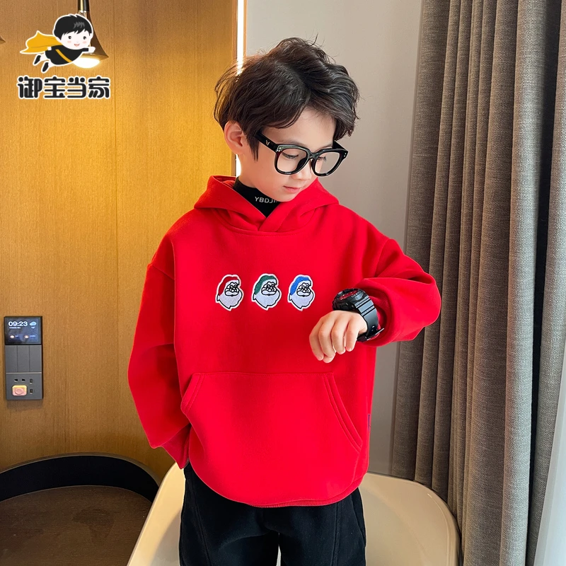 御宝当家男童加绒卫衣秋冬装2024新款儿童圣诞节上衣绒衫YB8751