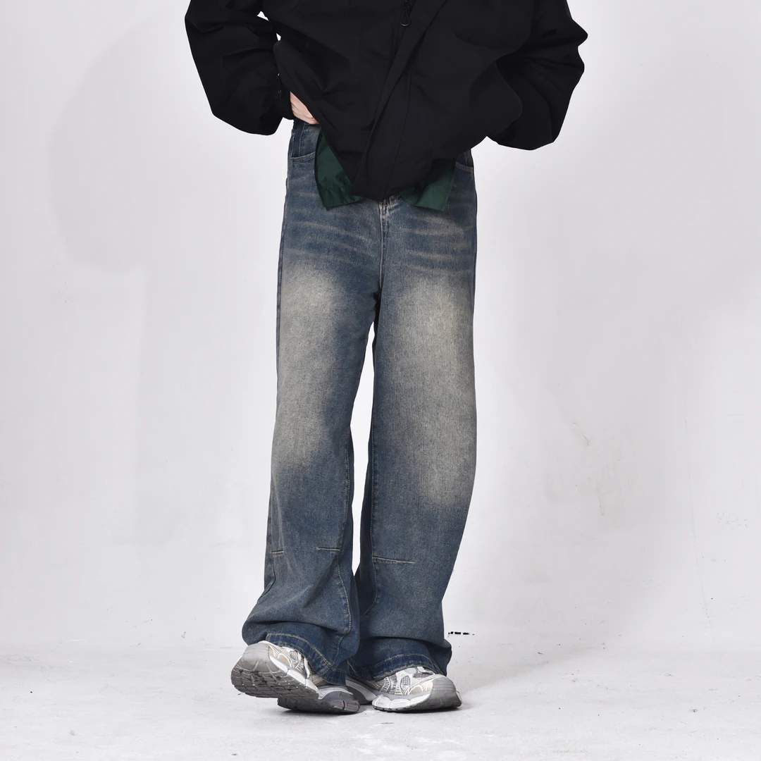 复古做旧高街直筒牛仔裤男款秋冬美式水洗阔腿拖地裤vibe港风