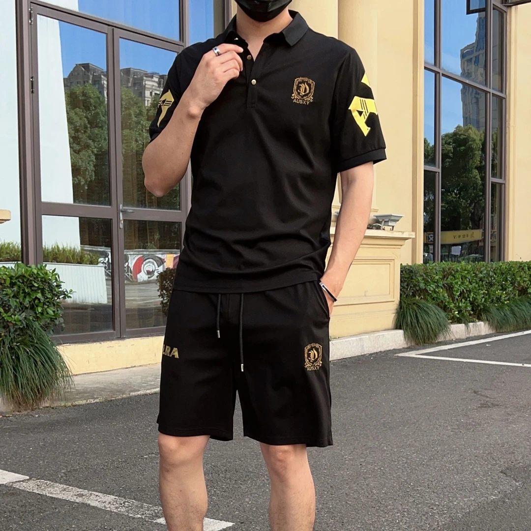 夏季时尚轻奢百搭套装字母龙头印花短袖POLO衫休闲短裤潮流一套男