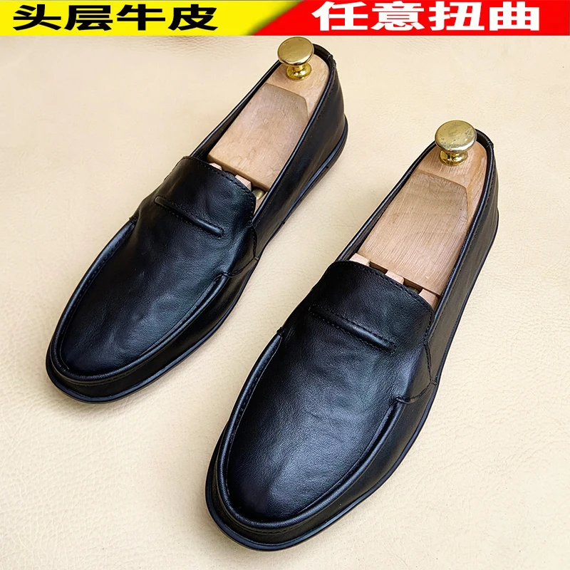 新款豆豆鞋男士头层牛皮男休闲皮鞋男百搭真皮一脚蹬软底懒人男鞋