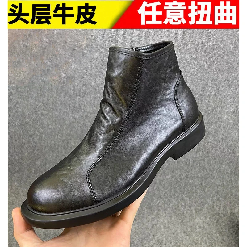 秋季马丁靴男加绒英伦风百搭男士高帮皮鞋韩版时尚真皮切尔西靴男