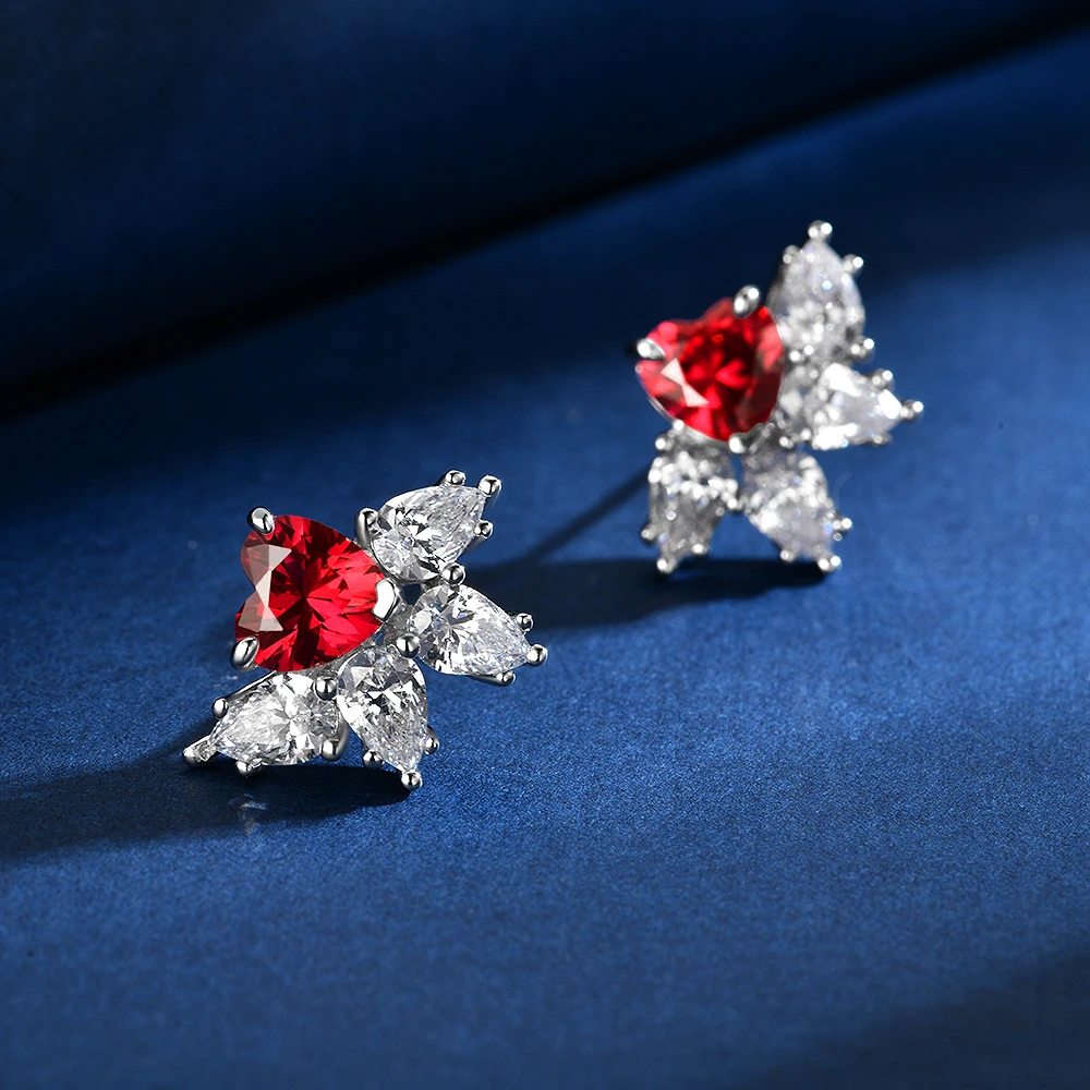培育红宝石E2461【芳心纵火犯】镶嵌爱心鸽血红色时尚百搭耳钉