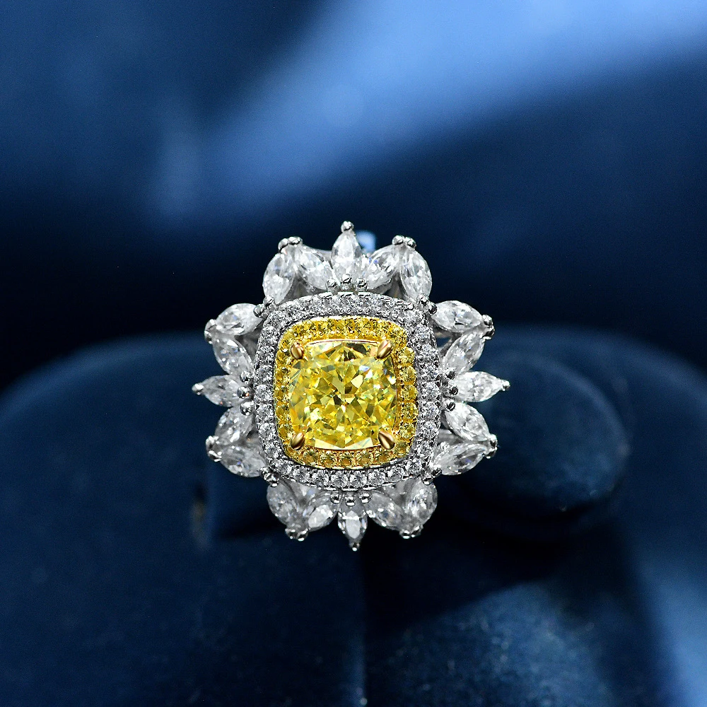 925银合成锆石戒指 R2152 新款满钻镶嵌枕形黄色时尚百搭戒指5-9#